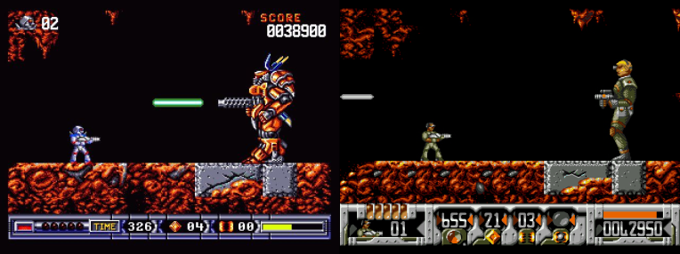 Turrican II (left) had much better enemies than Universal Soldier (right), but the action in both is just as fierce.